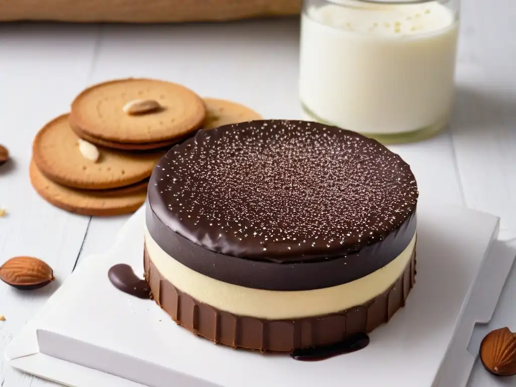 Delicioso alfajor casero con chocolate y almendras en mesa rústica