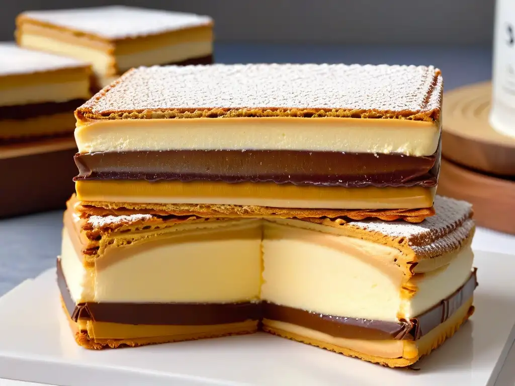 Delicioso alfajor latinoamericano con capas de dulce de leche y galletas, decorado con azúcar impalpable