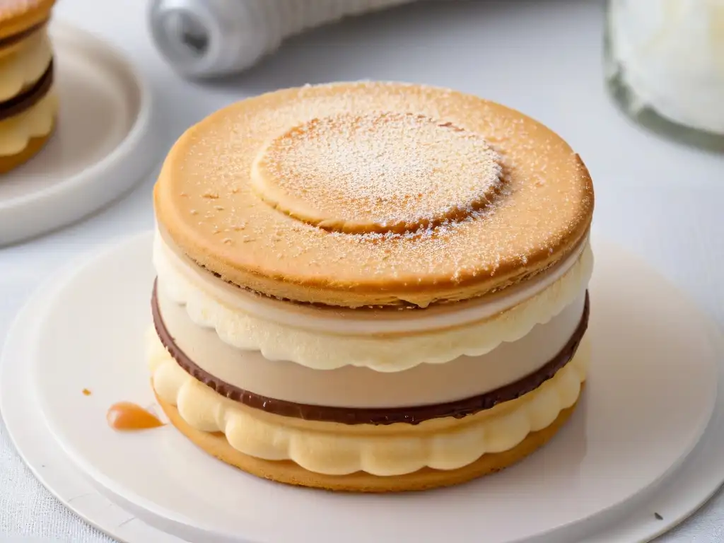 Delicioso Alfajor relleno de dulce de leche, espolvoreado con azúcar glass