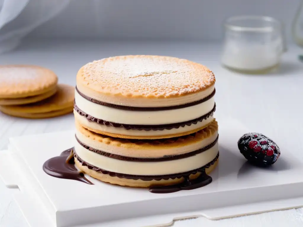 Delicioso alfajor saludable casero con dulce de leche natural, chocolate y frambuesa, en plato moderno