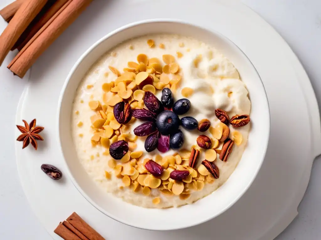 Un delicioso arroz con leche cremoso, adornado con canela y pasas