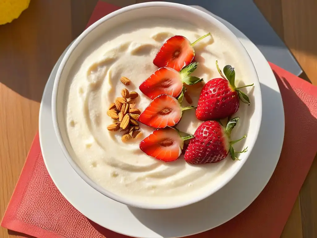 Delicioso arroz con leche decorado con fresa, canela y amor