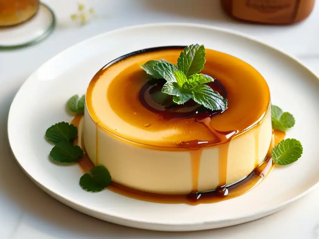 Delicioso Banh Flan vietnamita caramelizado con sirope dorado y menta fresca