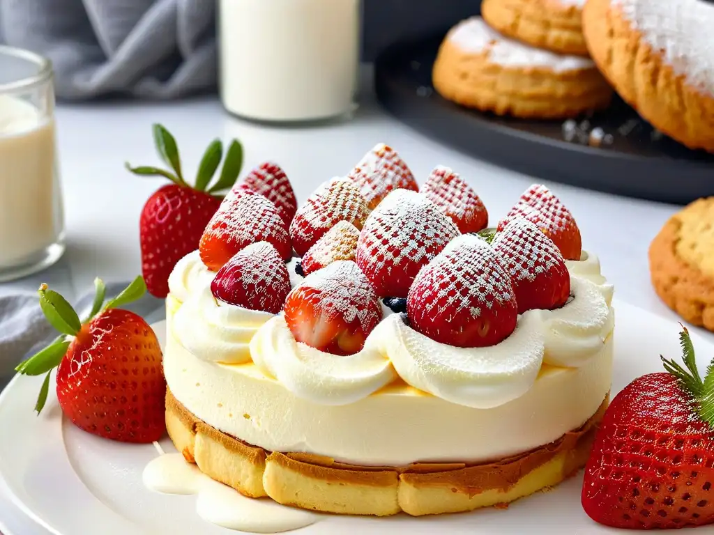 Delicioso biscuit de harina de almendra dorado, con crema batida y fresas frescas