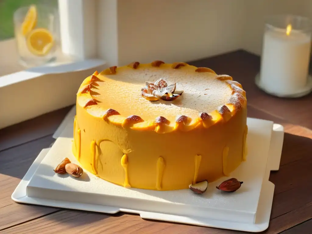 Un delicioso bizcocho de naranja y almendras recién horneado, con una textura tentadora y decorado con almendras y ralladura de naranja