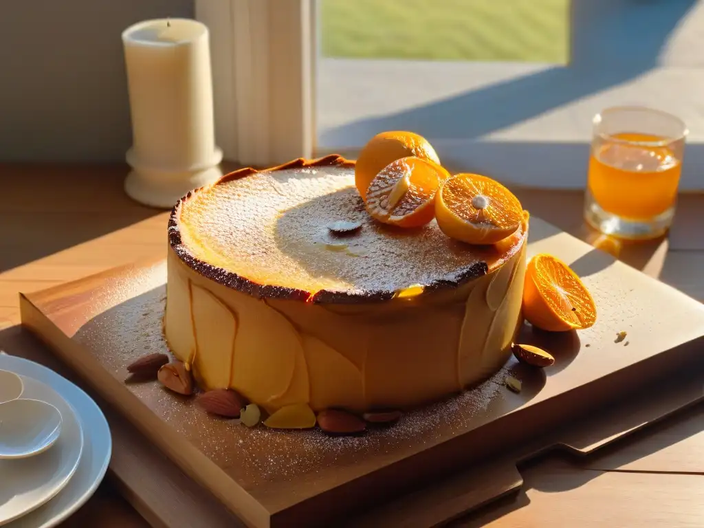 Delicioso bizcocho de naranja y almendras recién horneado en mesa rústica, iluminado por luz cálida