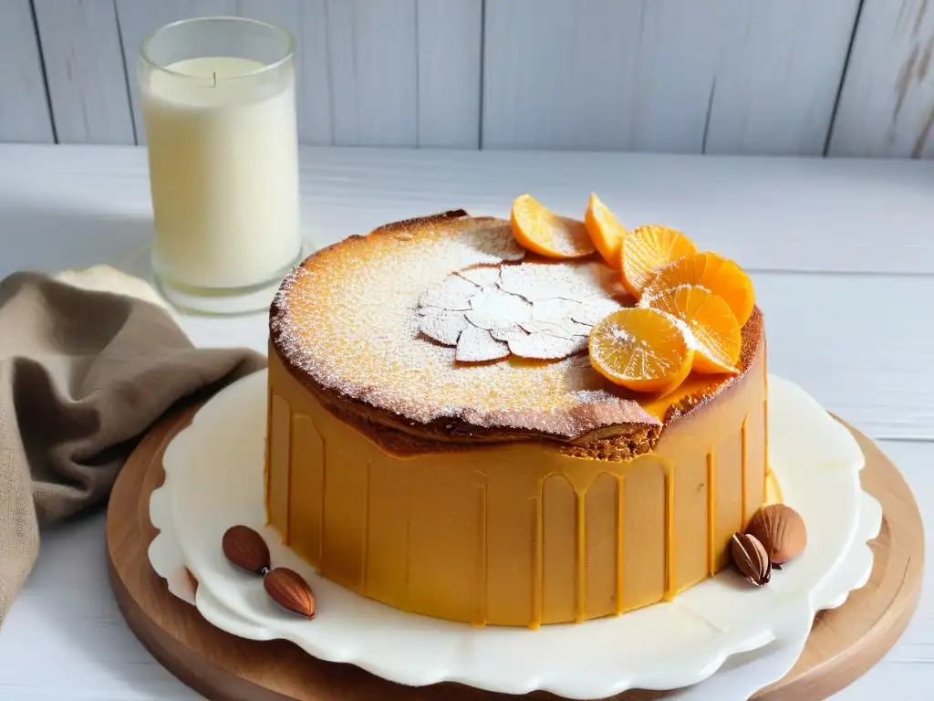 Delicioso bizcocho de naranja y almendras sobre mesa rústica, bañado de luz