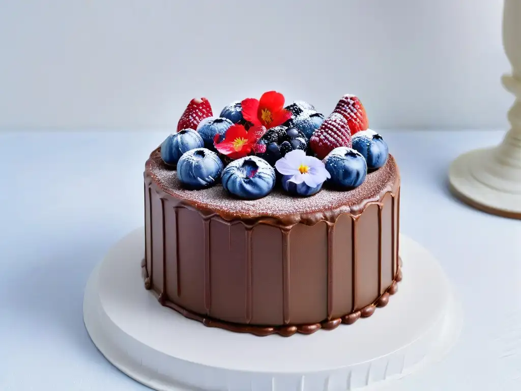 Delicioso bizcocho de chocolate decorado con frutas y flores, exhibido en un elegante soporte de mármol blanco