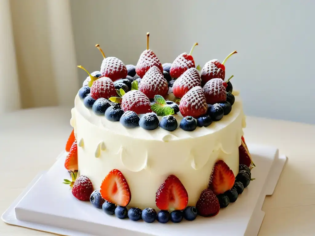 Delicioso bizcocho de cumpleaños con frutas frescas, resaltando su decoración y brillo