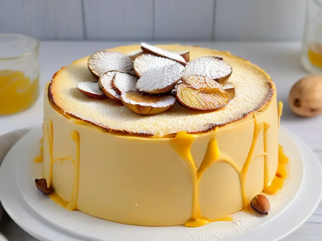 Delicioso bizcocho de harina de almendra con costra dorada, almendras rebanadas y azúcar glas