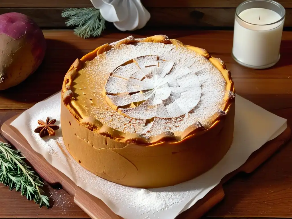 Delicioso bizcocho de batata recién horneado, con costra dorada y azúcar glas