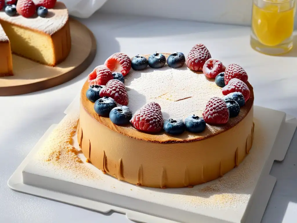 Delicioso bizcochuelo esponjoso perfecto con frutas y azúcar glas, bañado por luz solar