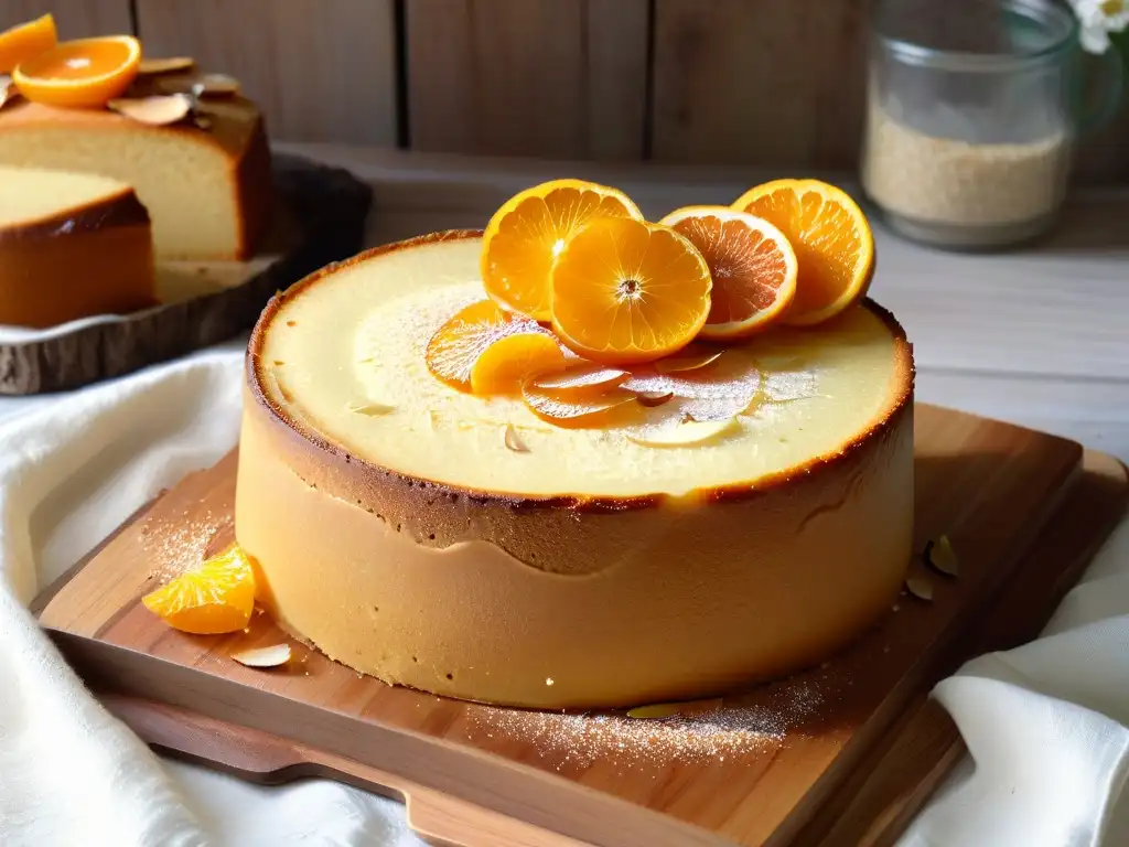 Delicioso bizcochuelo de naranja y almendras recién horneado en mesa rústica, con toque de frescura