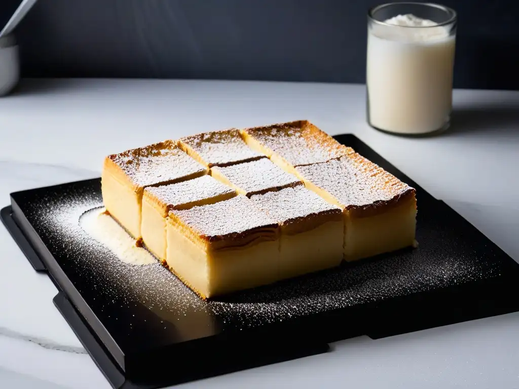 Un delicioso blondie dorado espolvoreado con azúcar glas, sobre un elegante plato negro, en una encimera de mármol iluminada por luz natural