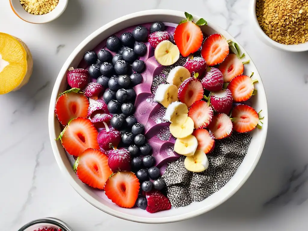 Delicioso bol de açaí con bayas frescas, semillas de chía y coco rallado en mármol blanco