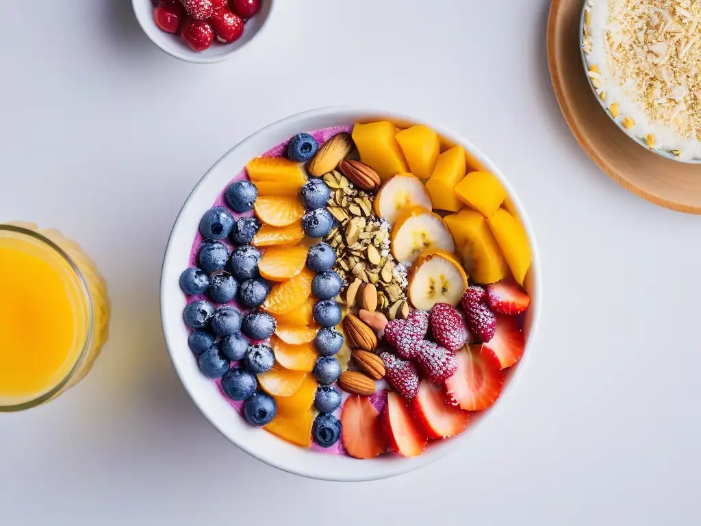 Delicioso bol de açaí con frutas frescas, nueces y miel