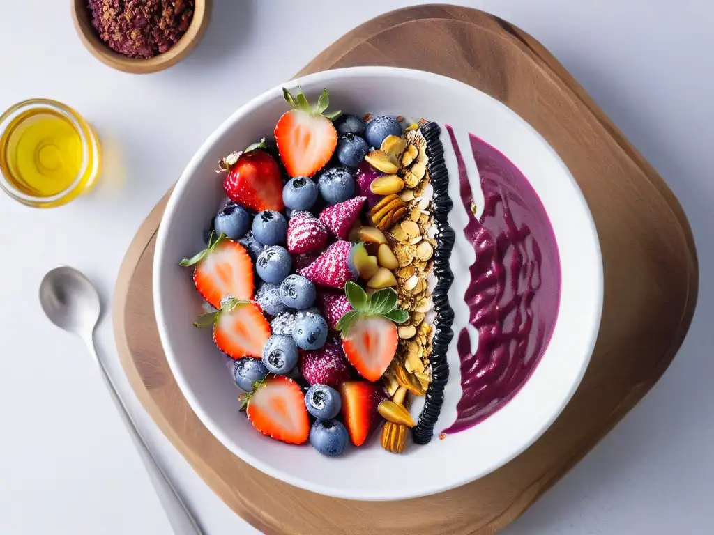 Delicioso bol de açaí con frutas y miel sobre mármol blanco