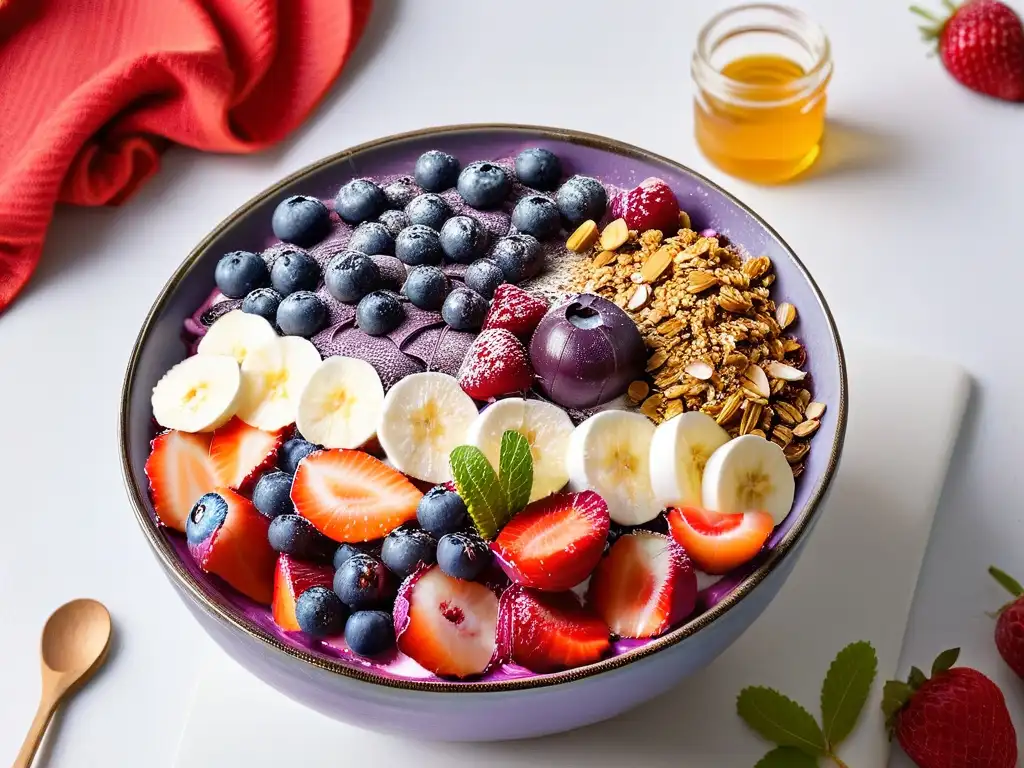 Delicioso bowl de açaí con frutas y miel, en un fondo blanco