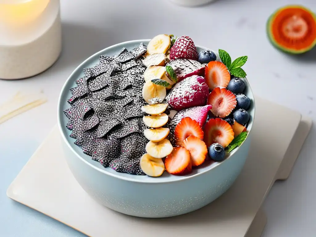 Delicioso bowl de açai con frutas, semillas de chía y coco en mármol blanco