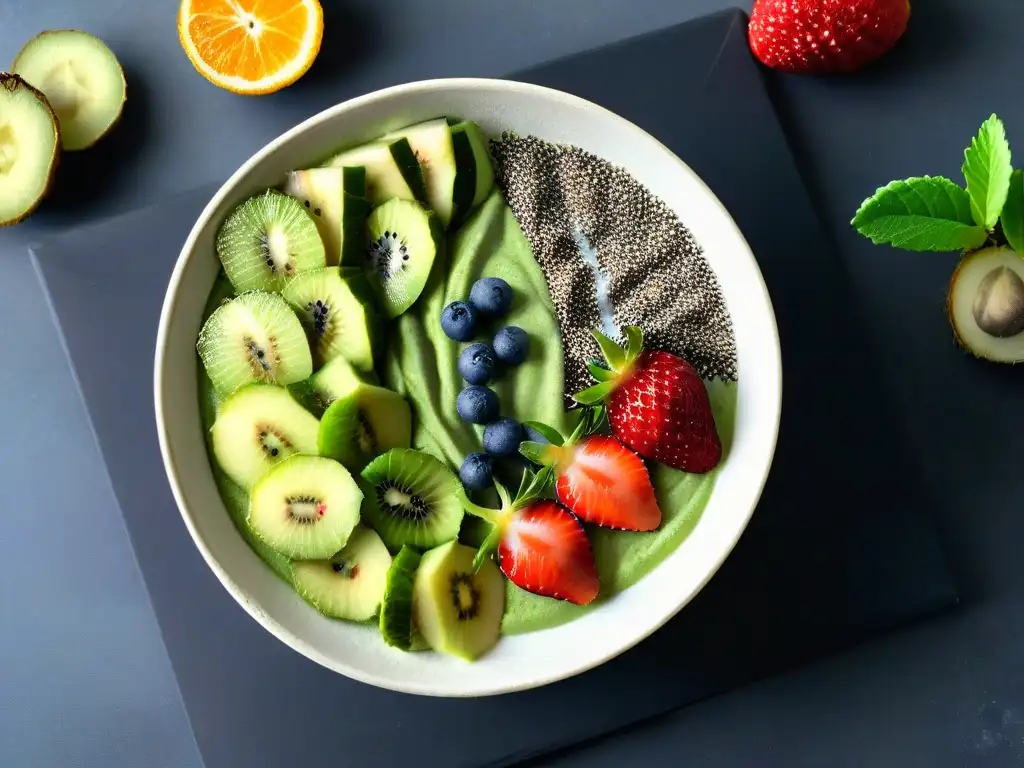 Deliciosa bowl verde con kiwi y fresas Un delicioso bowl de smoothie verde con fresas, semillas de chía y kiwi, sobre mármol blanco