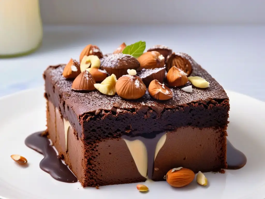 Delicioso brownie sin azúcar con nueces y chocolate, en un elegante plato blanco