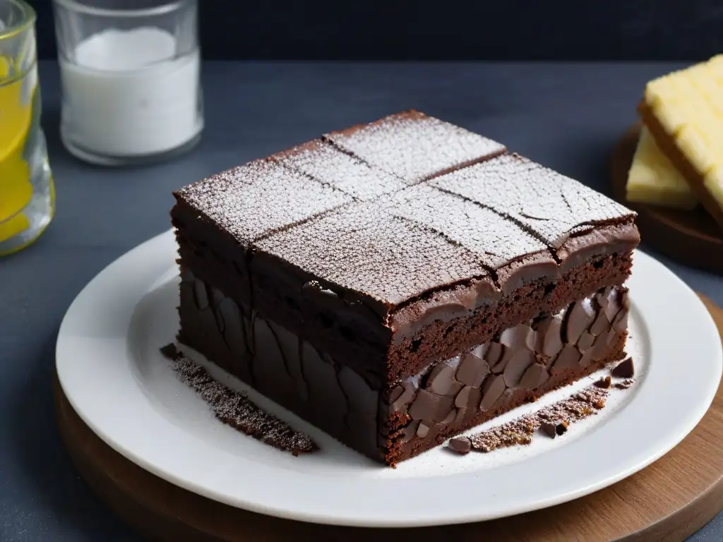 Delicioso brownie bajo en calorías sobre plato blanco, destaca su humedad y textura