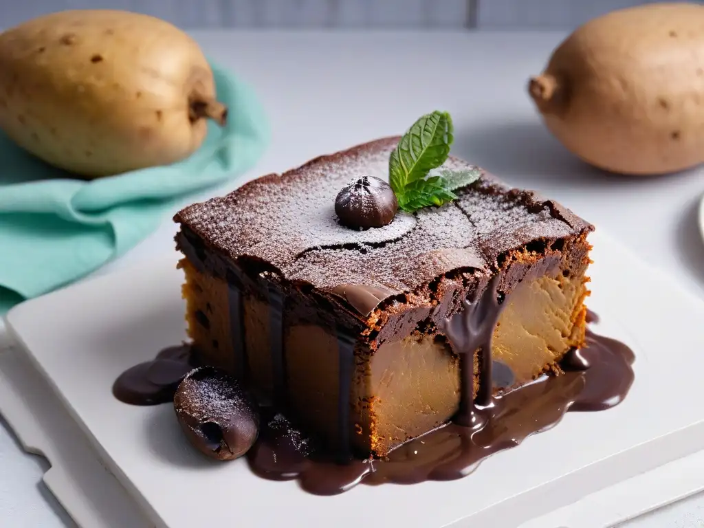 Delicioso brownie de batata con chips de chocolate en plato moderno Delicioso brownie de batata horneado con chips de chocolate y menta fresca, ideal para recetas brownies con batata saludables
