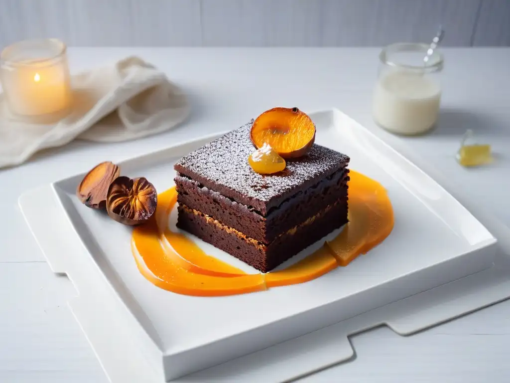 Delicioso brownie con batata y miel en plato blanco Delicioso brownie con batata y miel en plato blanco minimalista