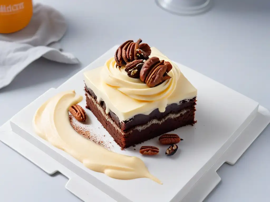Delicioso brownie de chocolate con frosting de batata y nueces Delicioso brownie de chocolate con frosting de batata, nueces y canela
