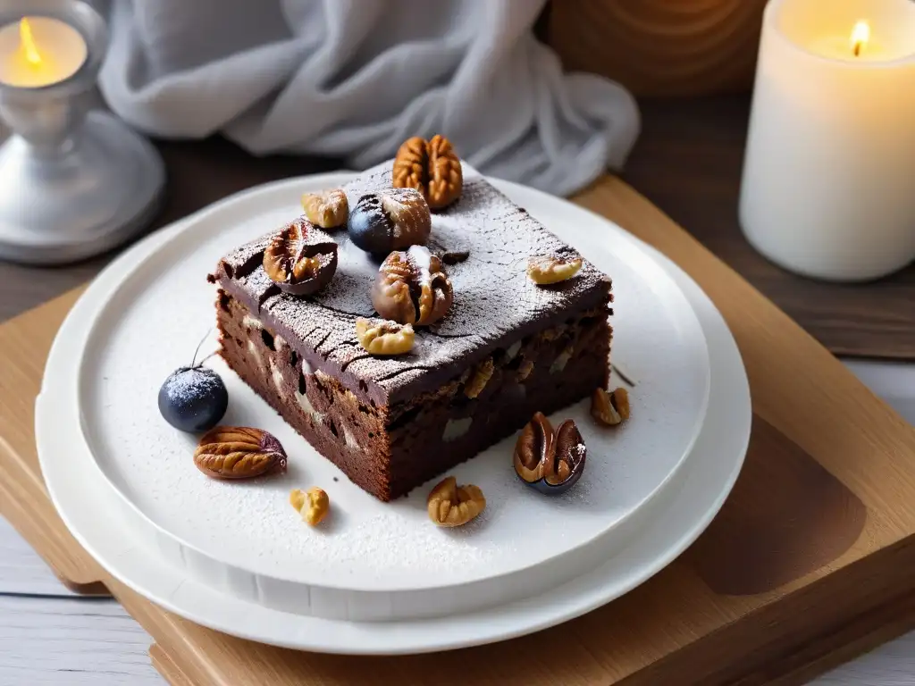 Delicioso brownie de chocolate con nueces caramelizadas en plato blanco sobre mesa de madera