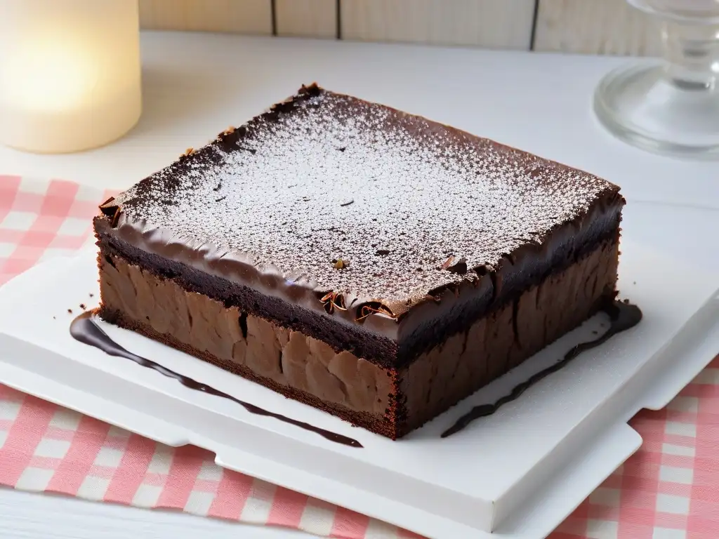 Delicioso brownie decadente con polvo de cacao y nueces, en plato blanco