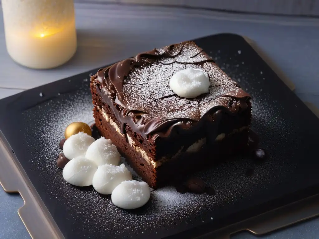 Delicioso brownie sin gluten con chocolate derretido y sal marina, en plato negro