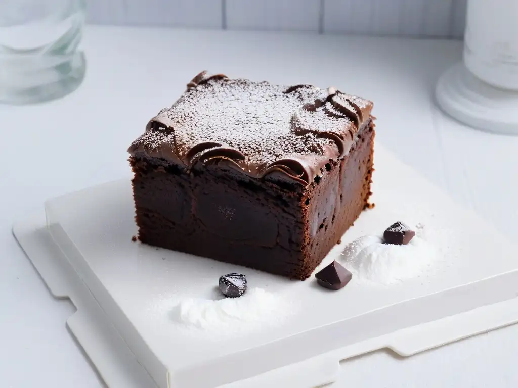 Delicioso brownie sin gluten con trozos de chocolate, esponjoso y tentador en un plato blanco moderno