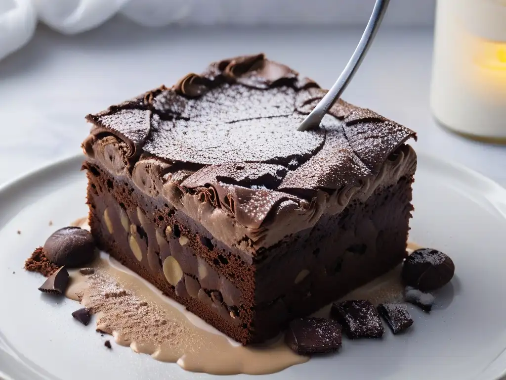 Delicioso brownie gourmet sin azúcar con trozos de chocolate y cacao en un elegante fondo de mármol blanco