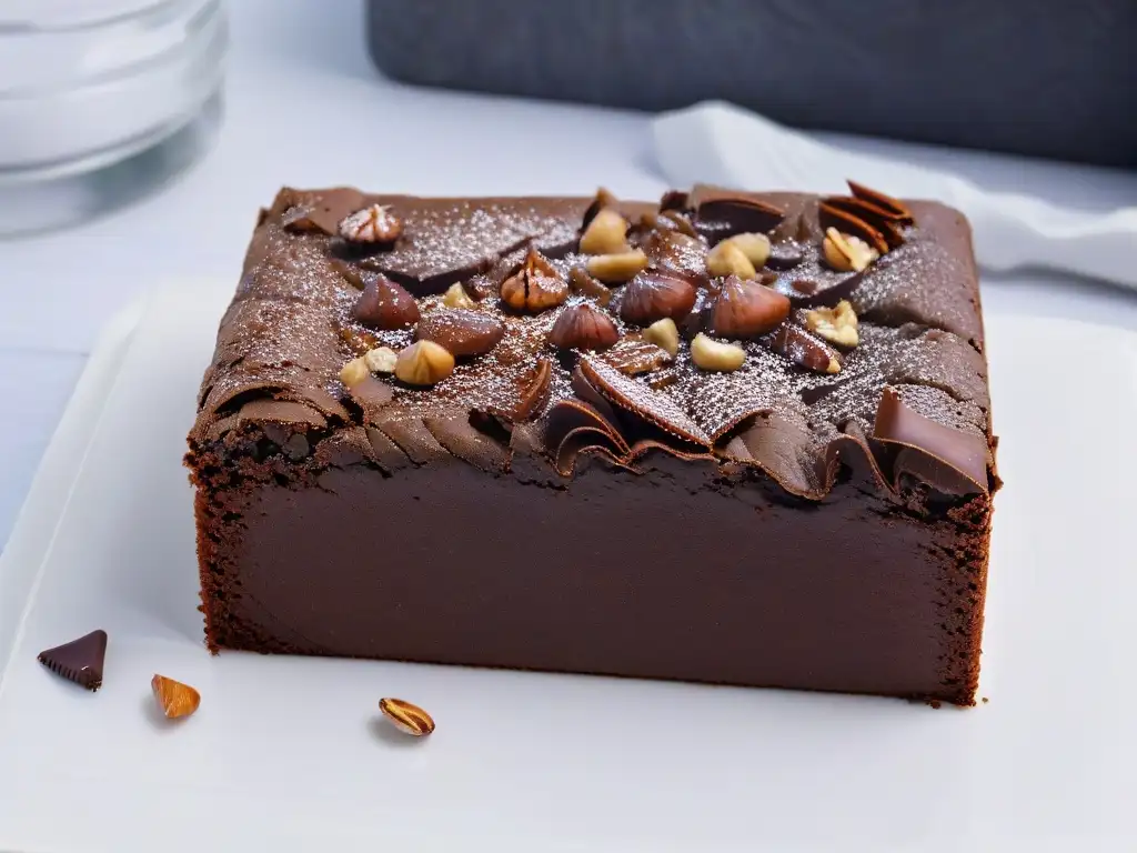 Delicioso brownie gourmet sin azúcar con nueces y chips de chocolate oscuro, en plato blanco