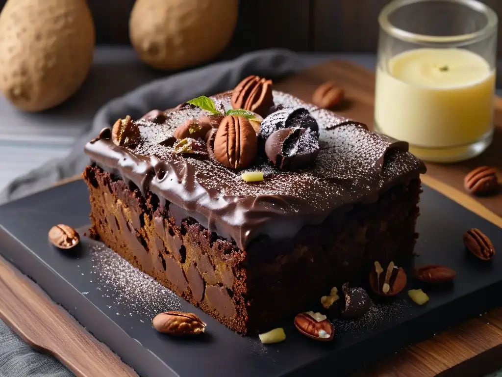 Delicioso brownie de batata con chocolate y nueces Delicioso brownie de batata recién horneado con nueces y ganache de chocolate, en un plato negro sobre una mesa rústica