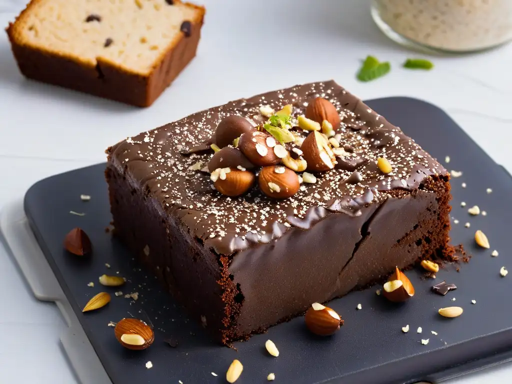 Delicioso brownie proteico de chocolate con nueces, cubierto de chocolate oscuro, en plato moderno blanco