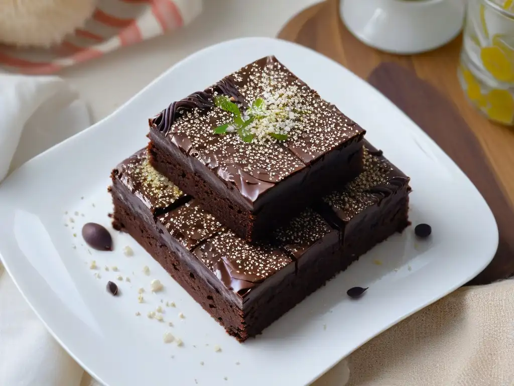 Delicioso brownie de proteína de cáñamo con chocolate, decorado con semillas de cáñamo brillantes