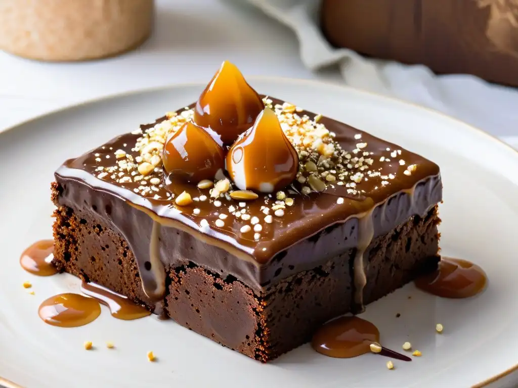 Delicioso brownie de proteína de cáñamo con caramelo y semillas, en un plato elegante