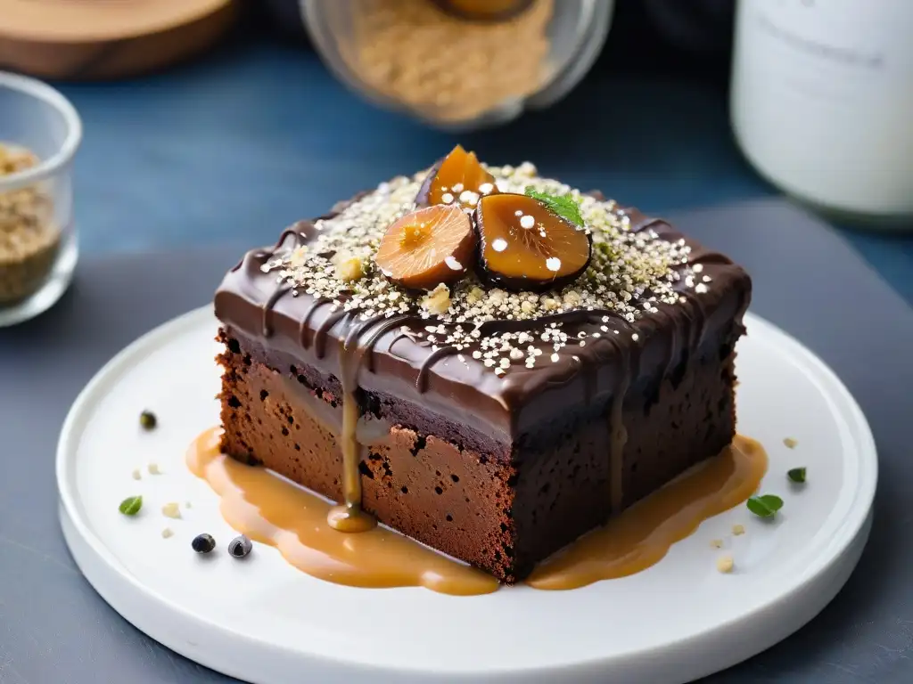 Delicioso brownie de proteína de cáñamo con caramelo, semillas de cáñamo