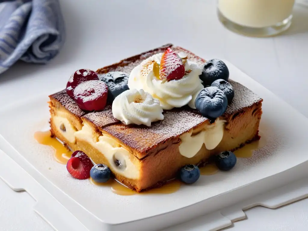 Delicioso budín de pan latinoamericano con crema batida, canela y bayas frescas en plato blanco elegante