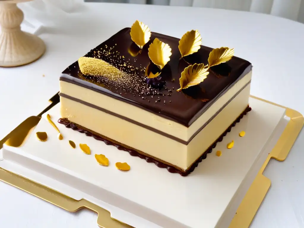 Delicioso opera cake con capas de almendra, crema de café y ganache de chocolate, decorado con hoja de oro, en plato de porcelana blanco