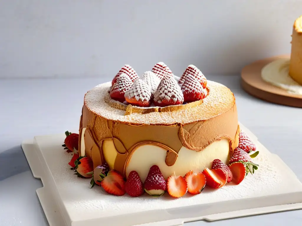 Delicioso Angel Food Cake esponjoso con fresas frescas en mármol blanco