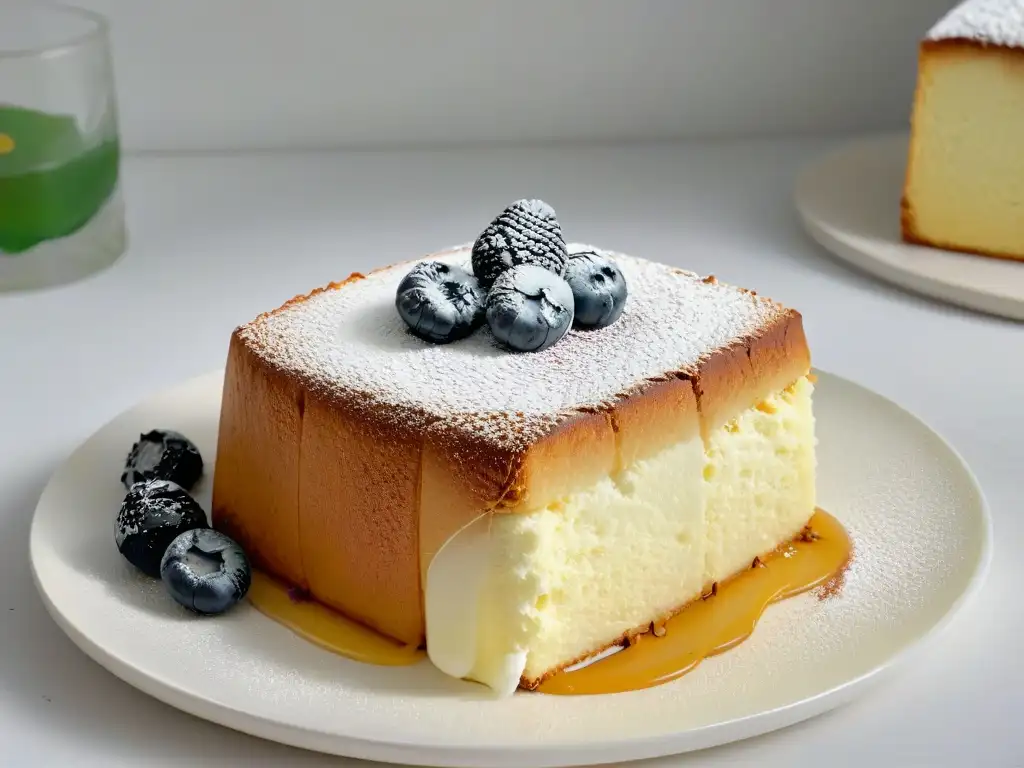 Delicioso Angel Food Cake esponjoso con frutos rojos en plato moderno blanco