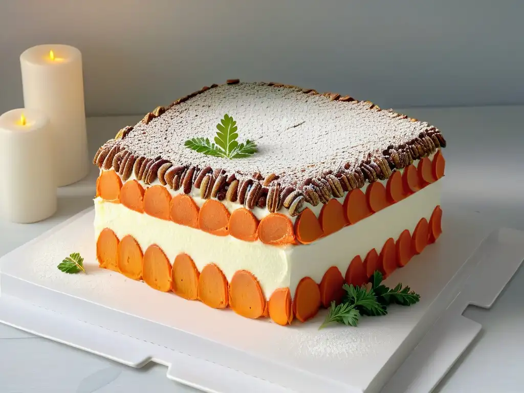 Delicioso carrot cake recién horneado, decorado con azúcar glass, zanahorias y nueces