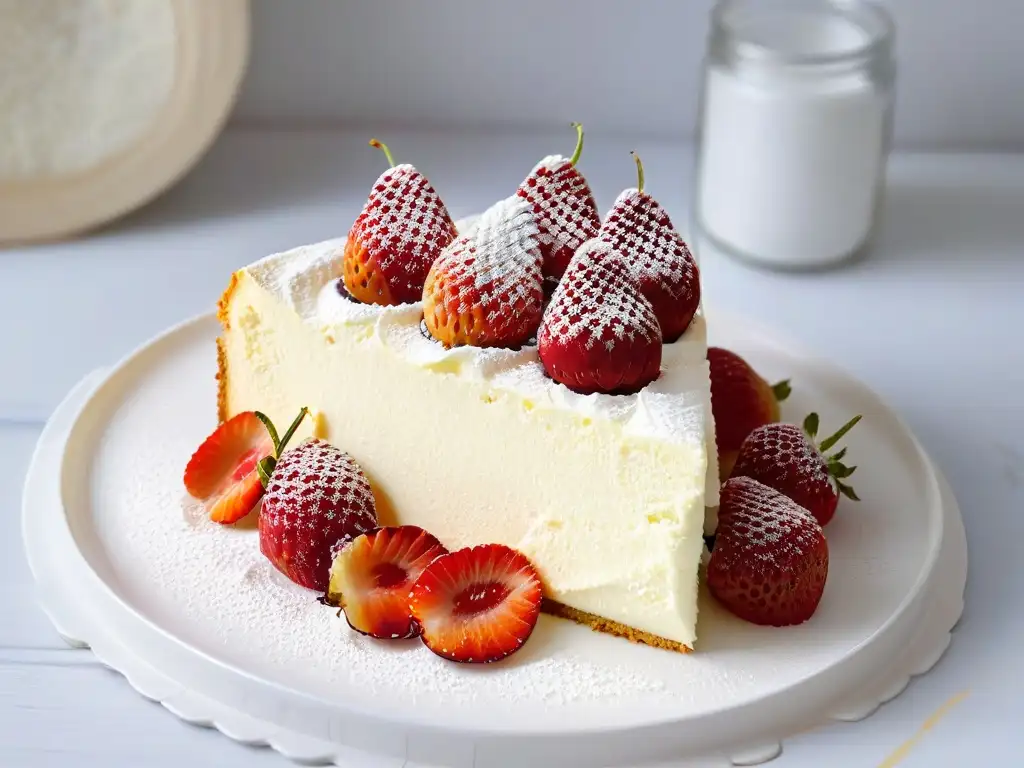 Delicioso cheesecake bajo en calorías con fresas frescas y azúcar glass, en un elegante plato blanco