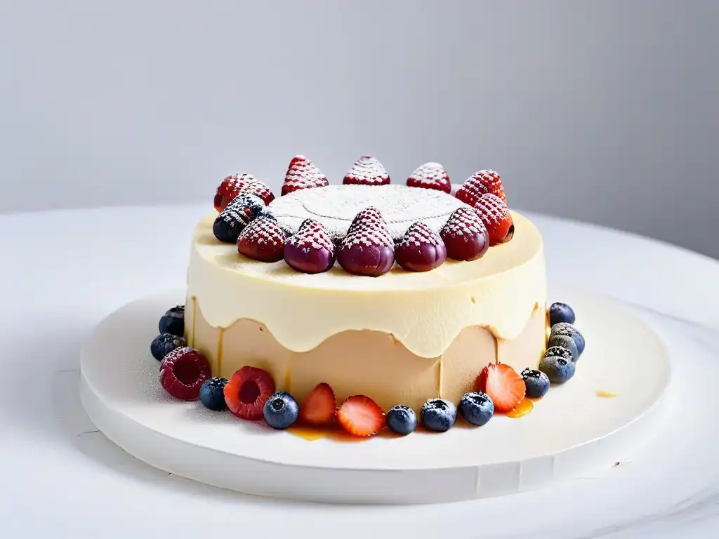 Delicioso cheesecake bajo en calorías con bayas frescas y brillo, en mármol blanco