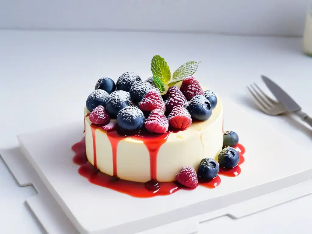 Delicioso cheesecake bajo en calorías con bayas frescas y coulis de frambuesa en plato blanco, ¡una tentación elegante!