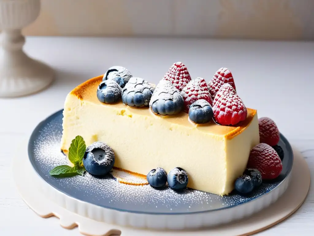 Delicioso cheesecake bajo en calorías con frutos rojos y menta sobre plato moderno