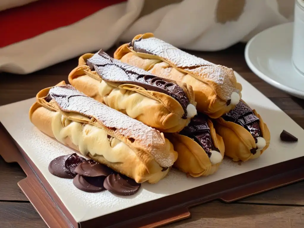 Delicioso cannoli siciliano recién horneado, relleno perfecto, sobre mesa de madera rústica